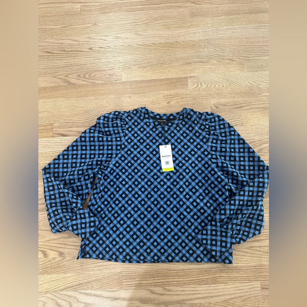 Whistles jacquard puff sleeve check top